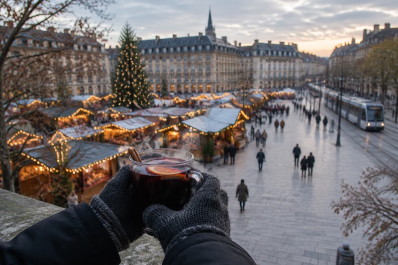 A steaming glass of mulled wine held in front of lit Christmas market stalls at dusk